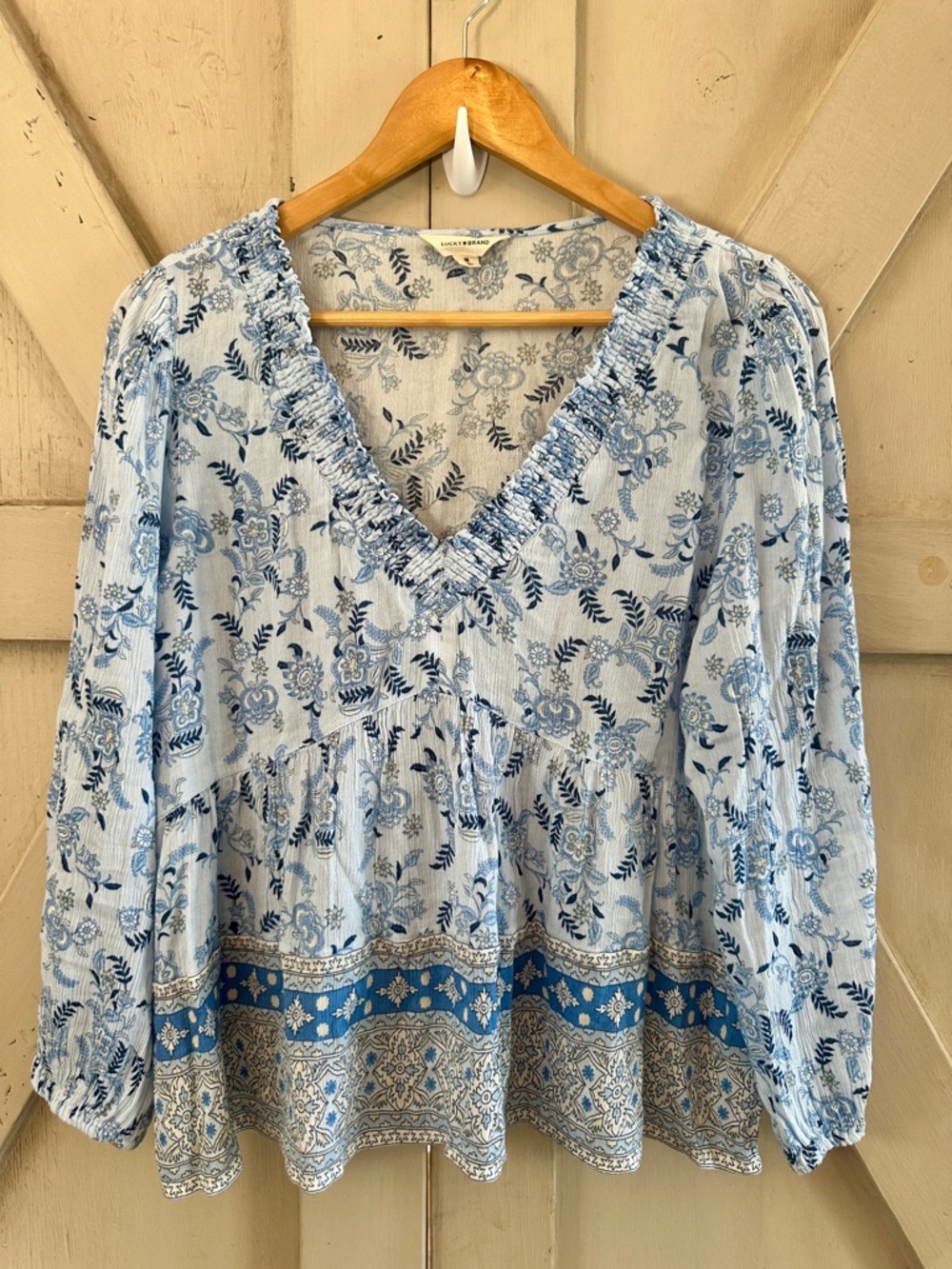 Lucky Brand Blue Floral Peasant Boho Blouse Size M